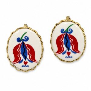 Vintage Enamel Tulip Flower Screw Back Earrings Gold Tone Red Blue White